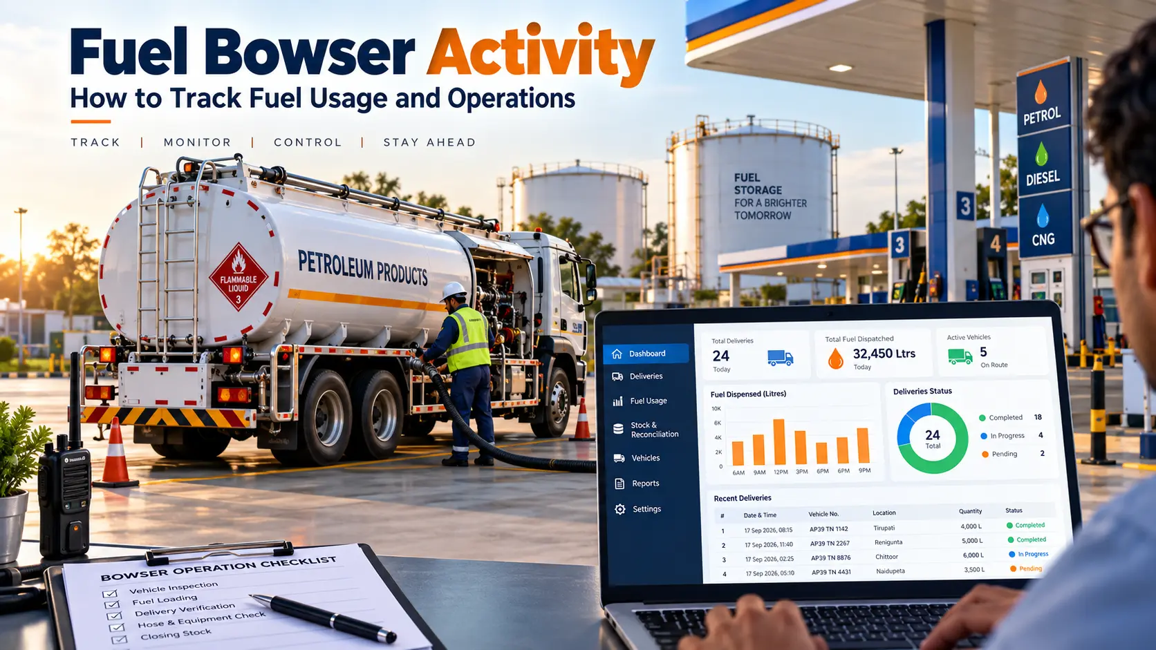 Fuel bowser activity tracking for fuel usage and operations